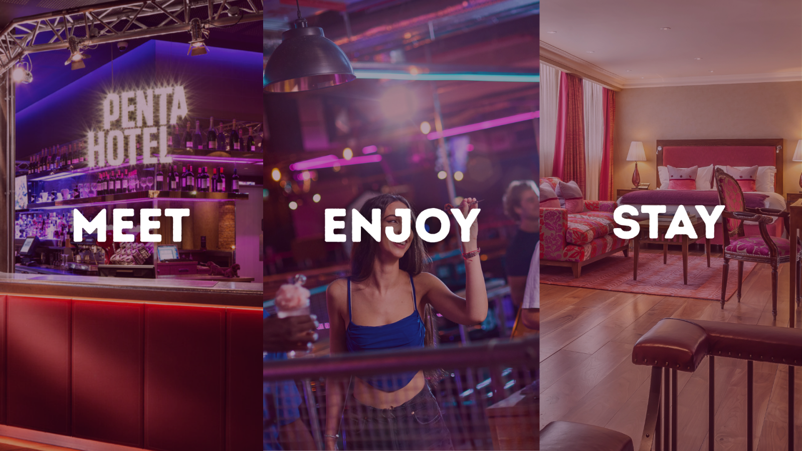 Picture: Reading Venues including Penta Hotel, Boom Battle Bar and Roseate. Text: Meet/Enjoy/Stay